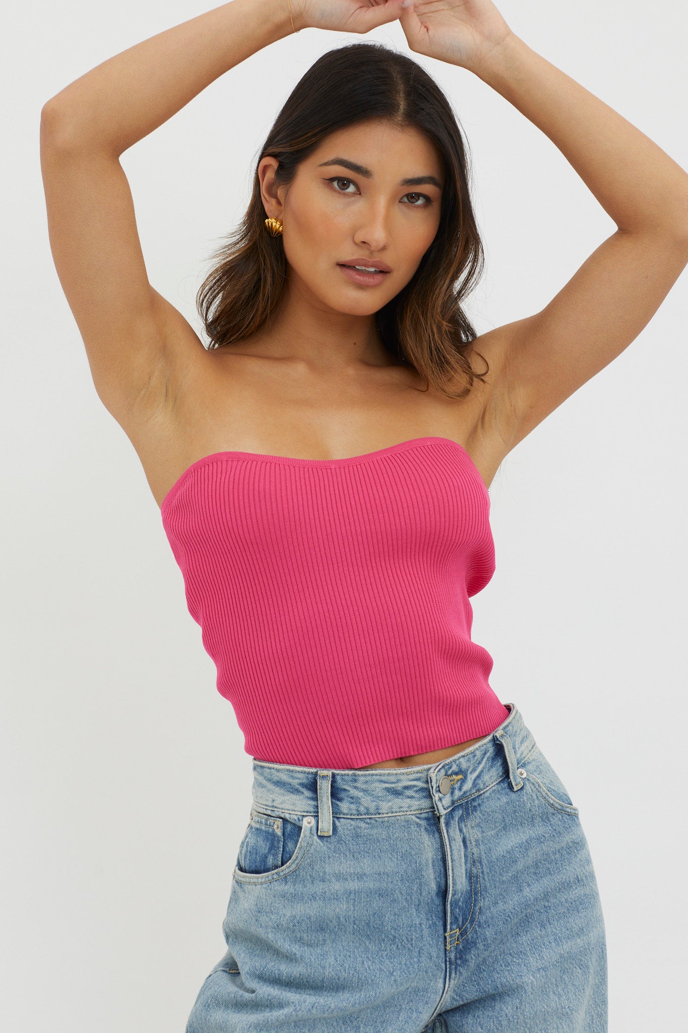 Flora Strapless Knit Top Hot Pink-Maymioy