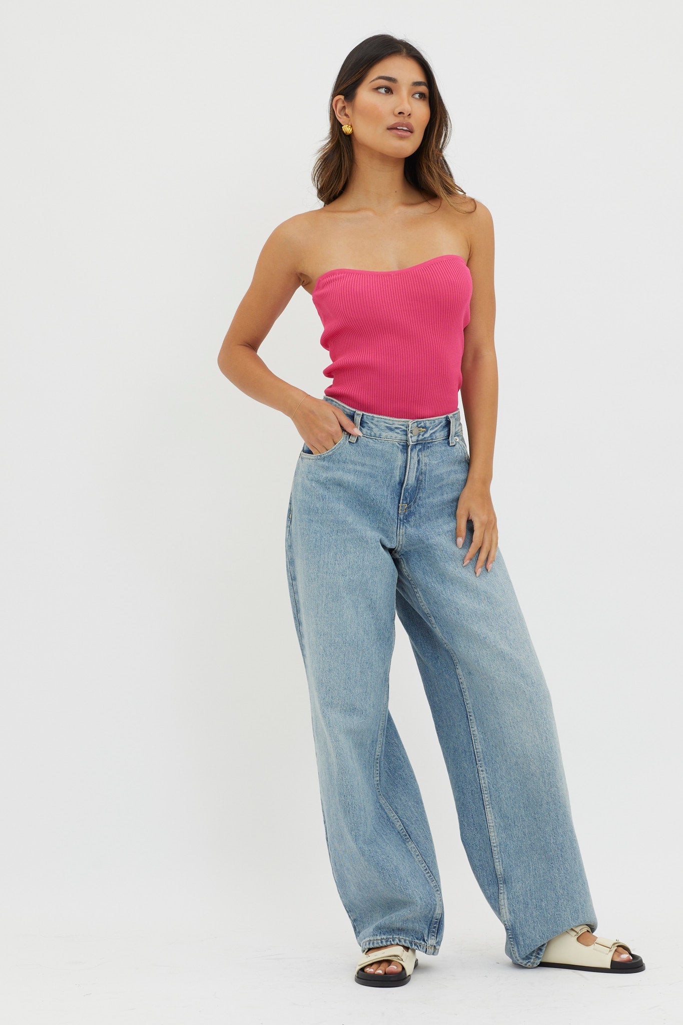 Flora Strapless Knit Top Hot Pink-Maymioy