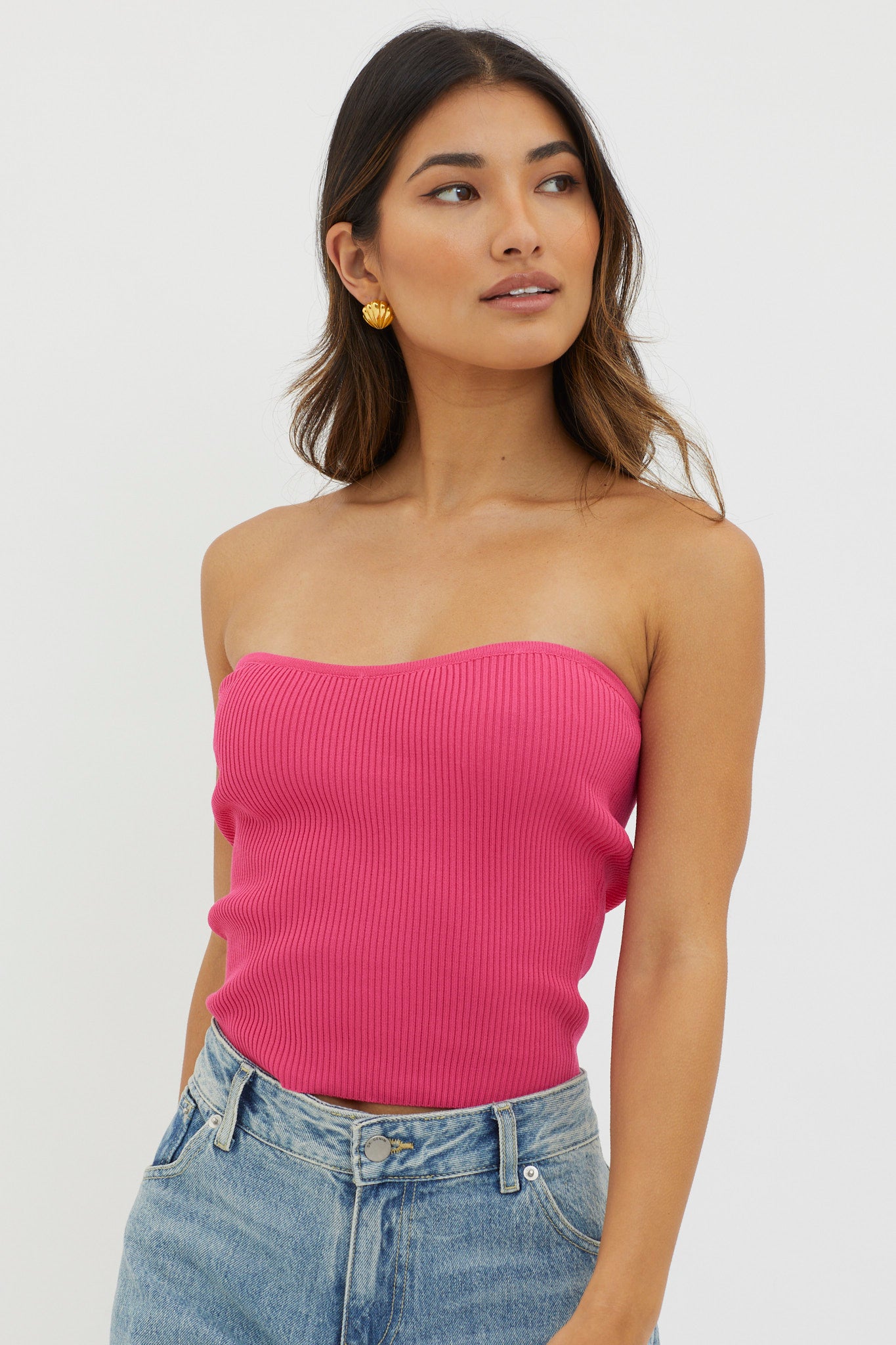 Flora Strapless Knit Top Hot Pink-Maymioy