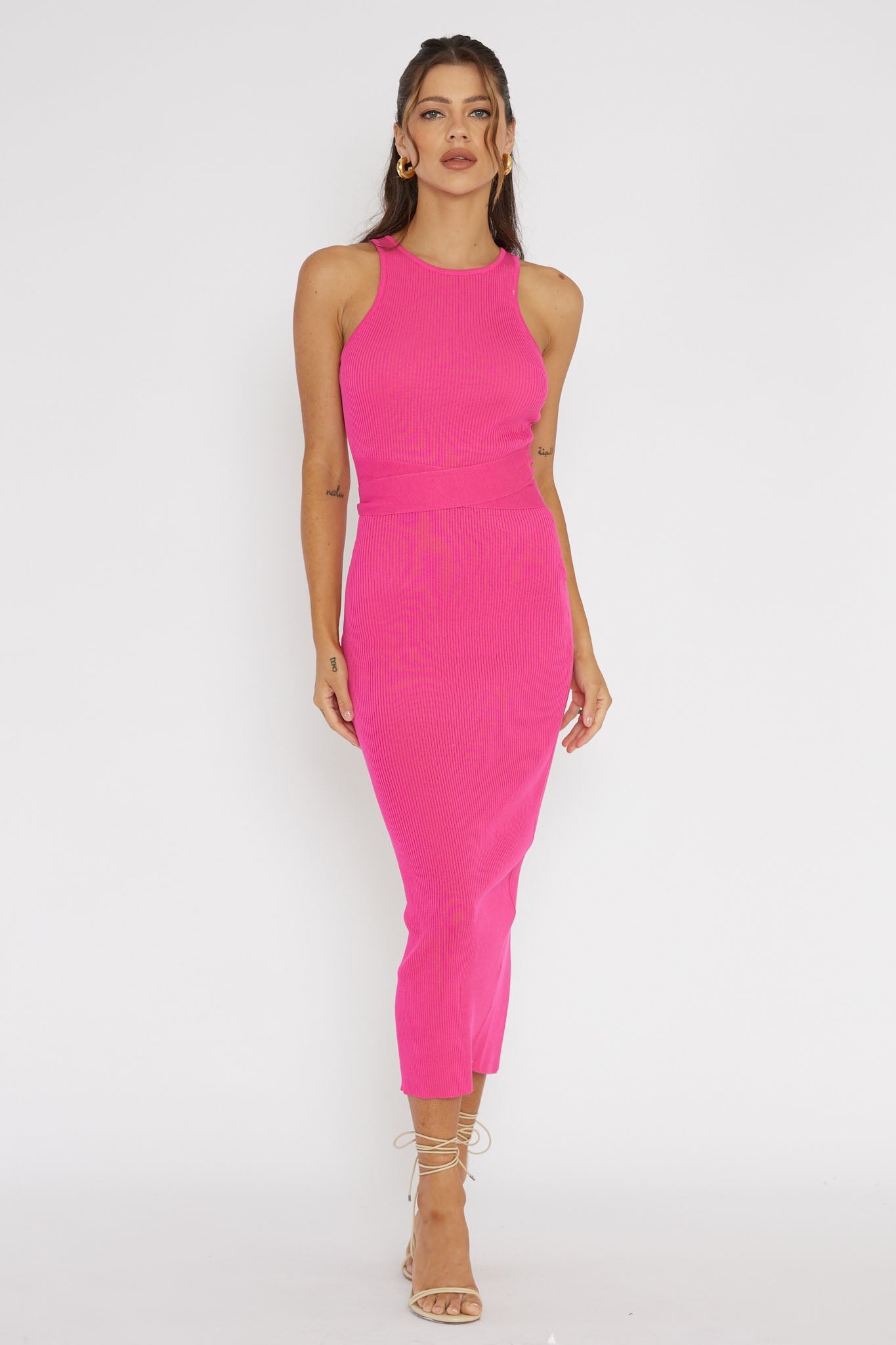 Charmed Me Ribbed Knit Midi Dress Hot Pink-Maymioy
