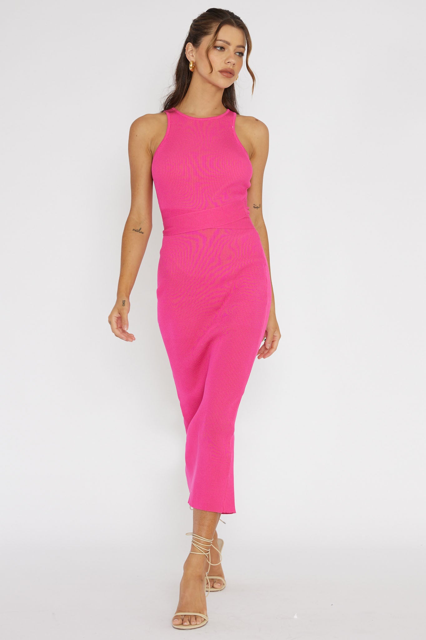Charmed Me Ribbed Knit Midi Dress Hot Pink-Maymioy