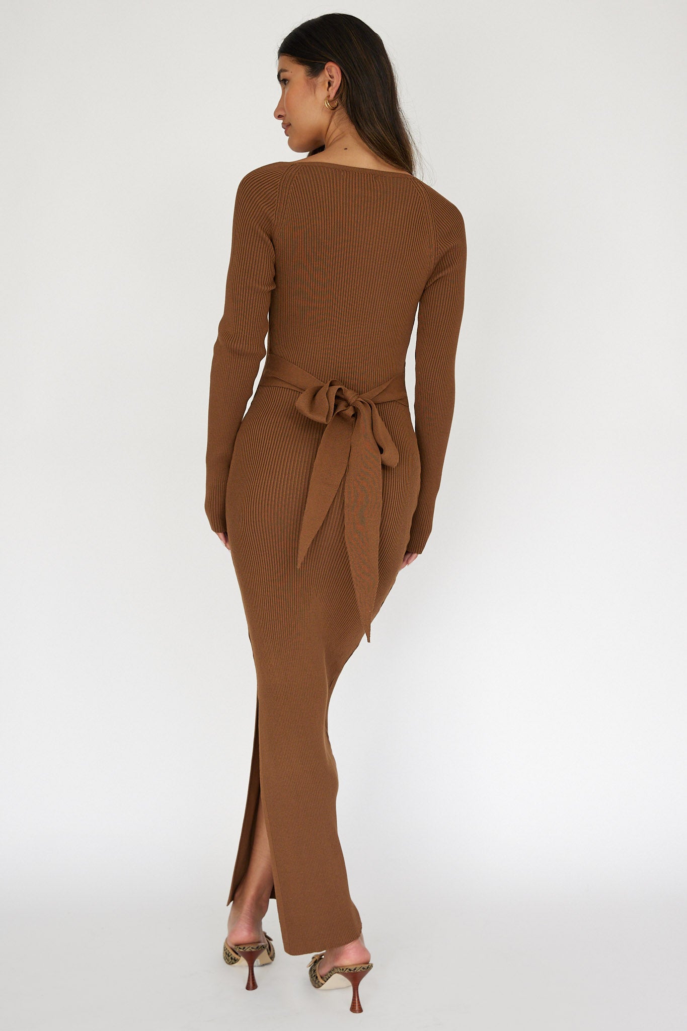 Twilight Moments Long Sleeve Knit Dress Chocolate-Maymioy