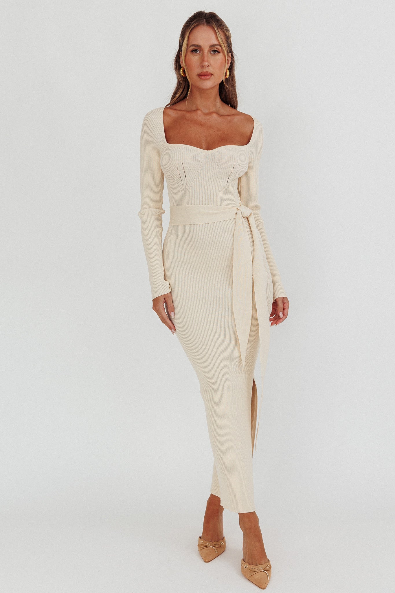 Twilight Moments Long Sleeve Knit Dress Cream-Maymioy