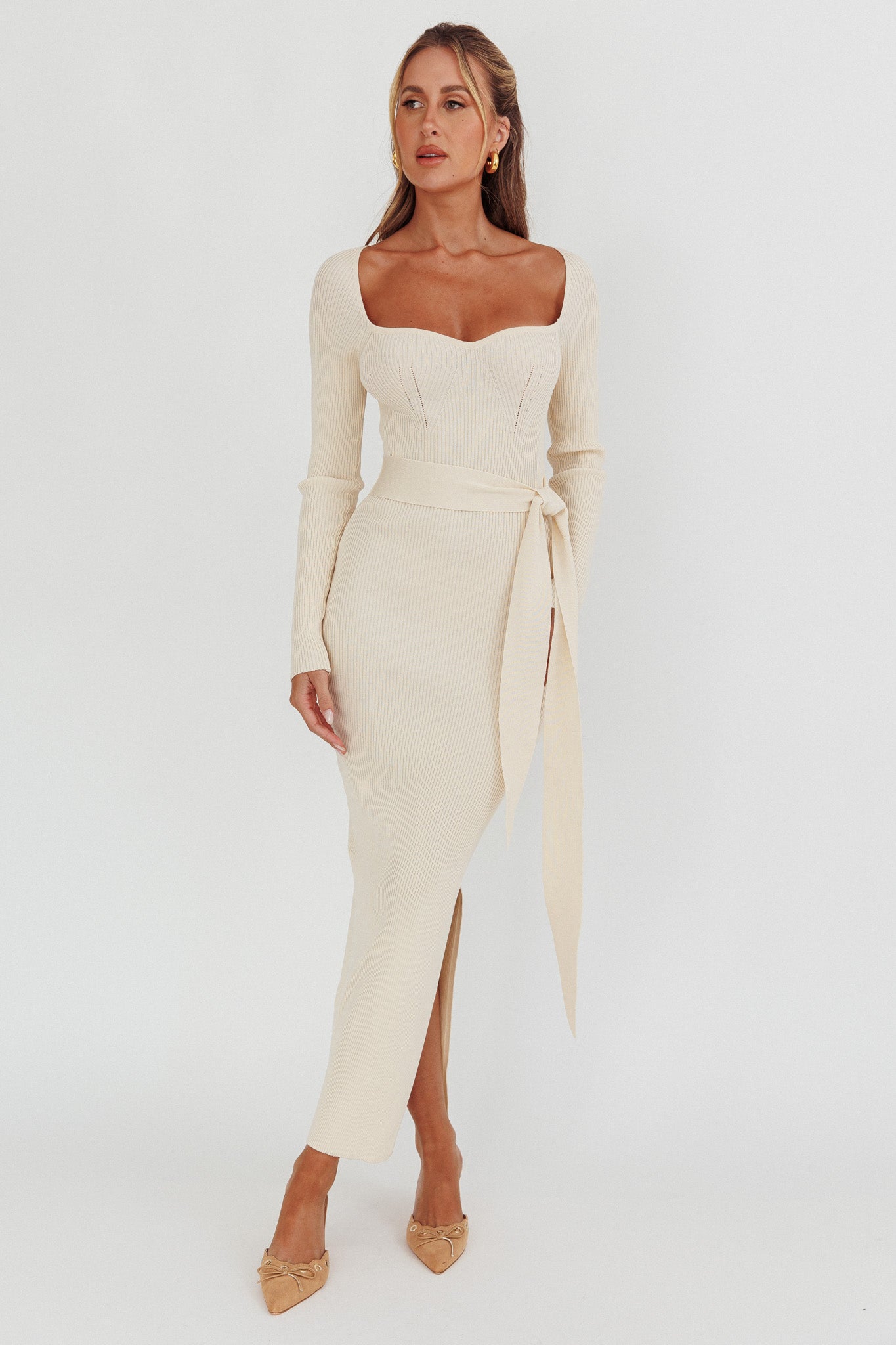 Twilight Moments Long Sleeve Knit Dress Cream-Maymioy