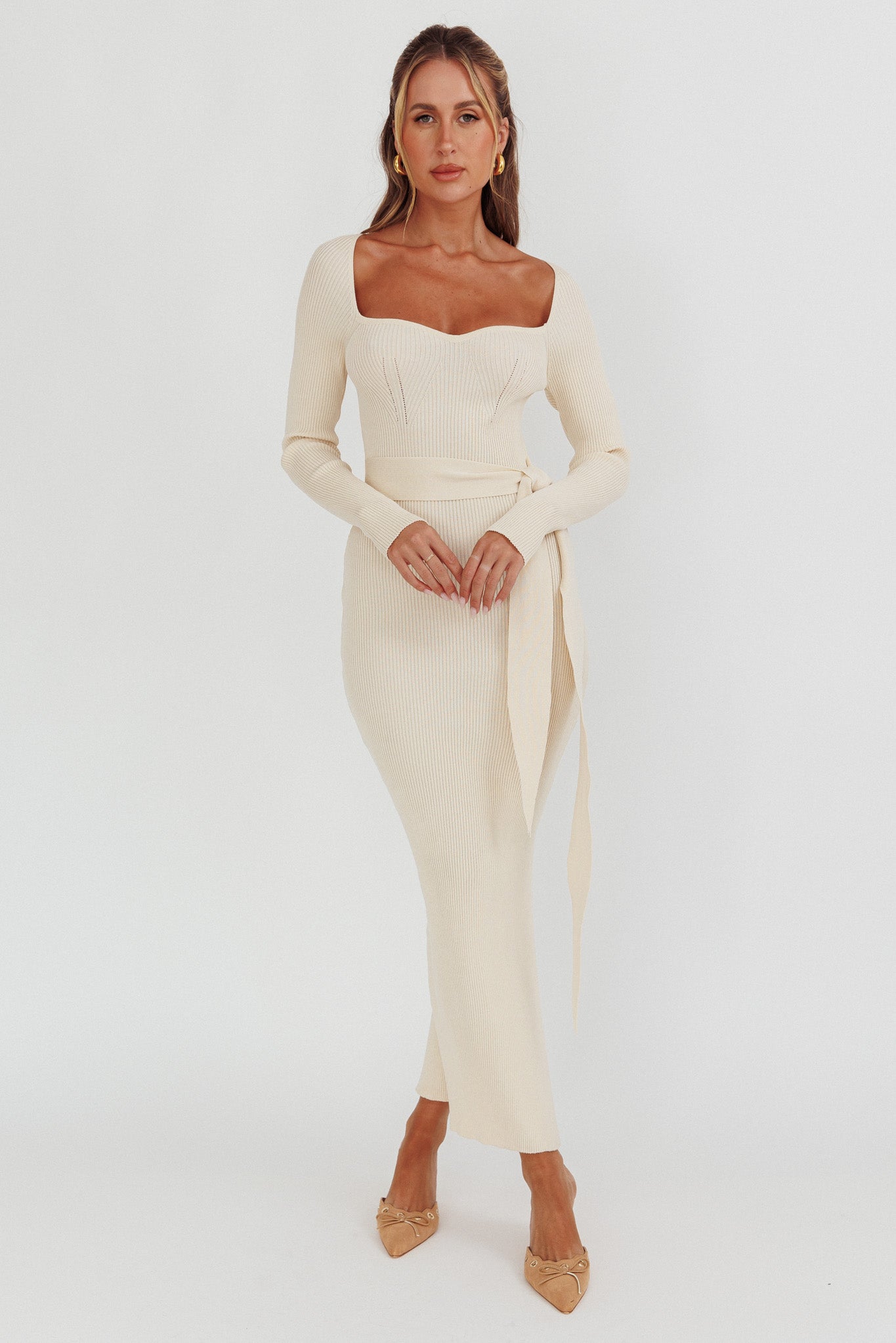 Twilight Moments Long Sleeve Knit Dress Cream-Maymioy
