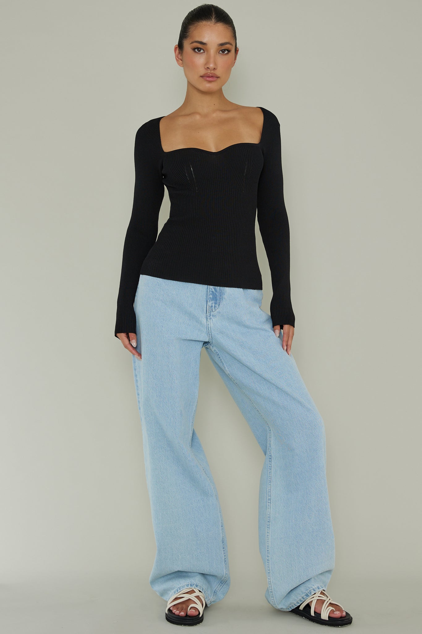 Switch Focus Long Sleeve Knit Top Black-Maymioy
