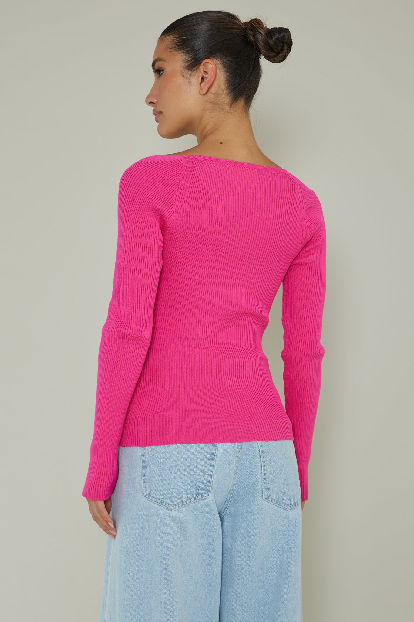 Switch Focus Long Sleeve Knit Top Hot Pink-Maymioy