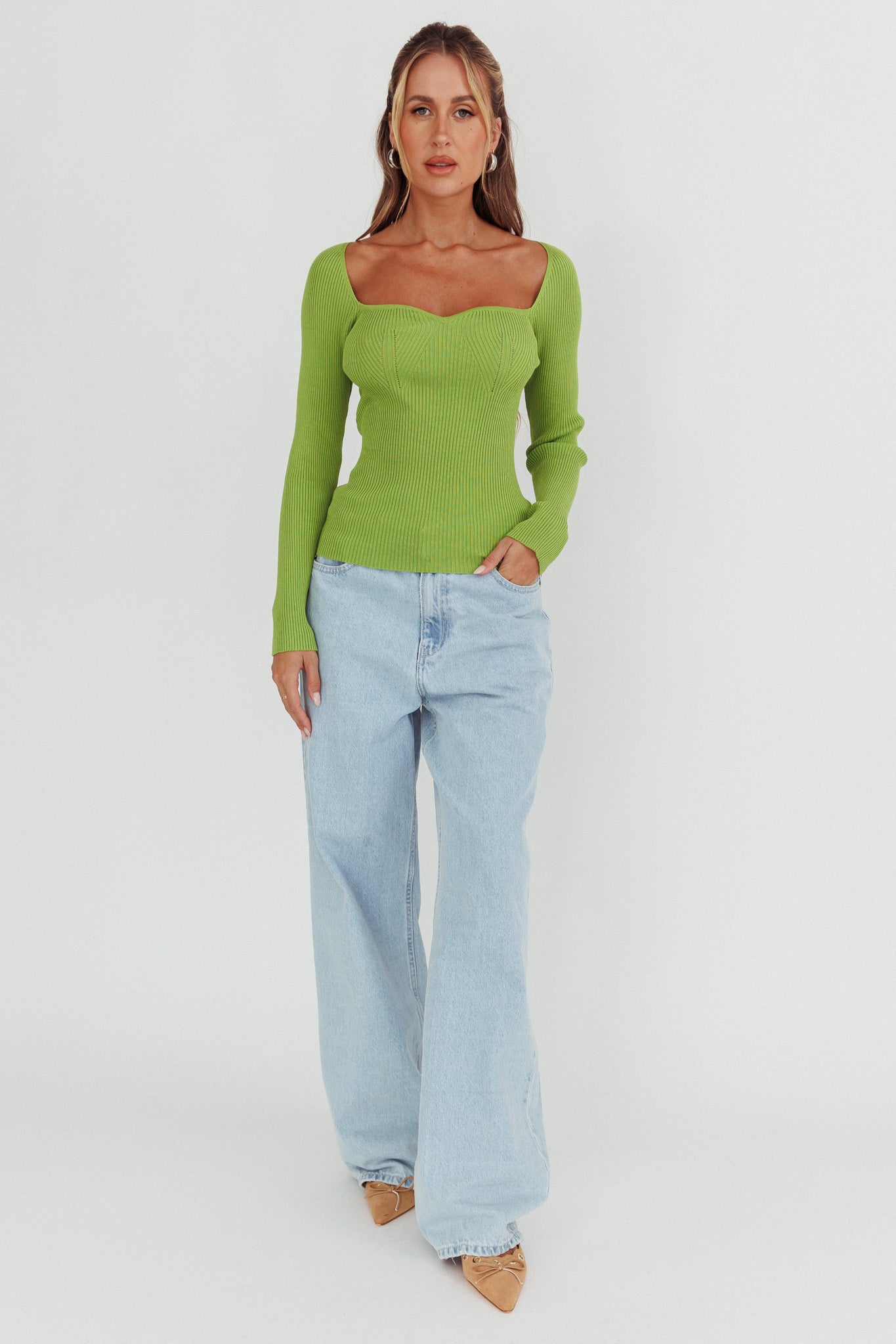 Switch Focus Long Sleeve Knit Top Matcha-Maymioy