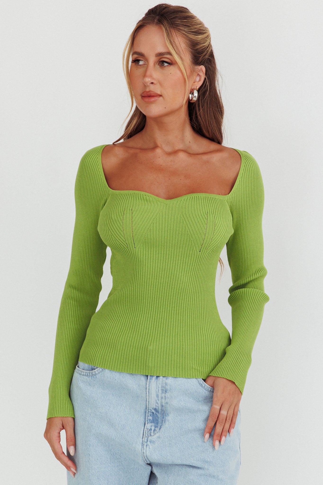 Switch Focus Long Sleeve Knit Top Matcha-Maymioy