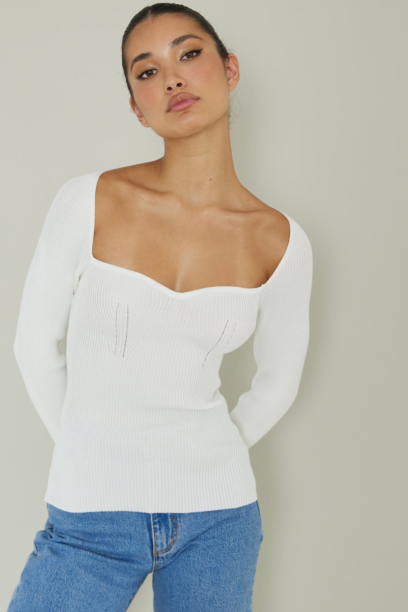 Switch Focus Long Sleeve Knit Top White-Maymioy