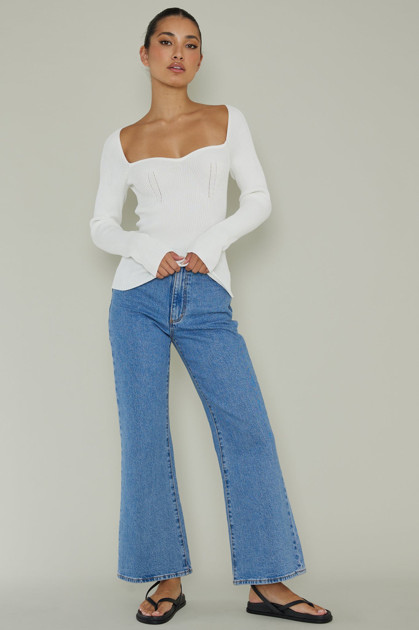 Switch Focus Long Sleeve Knit Top White-Maymioy