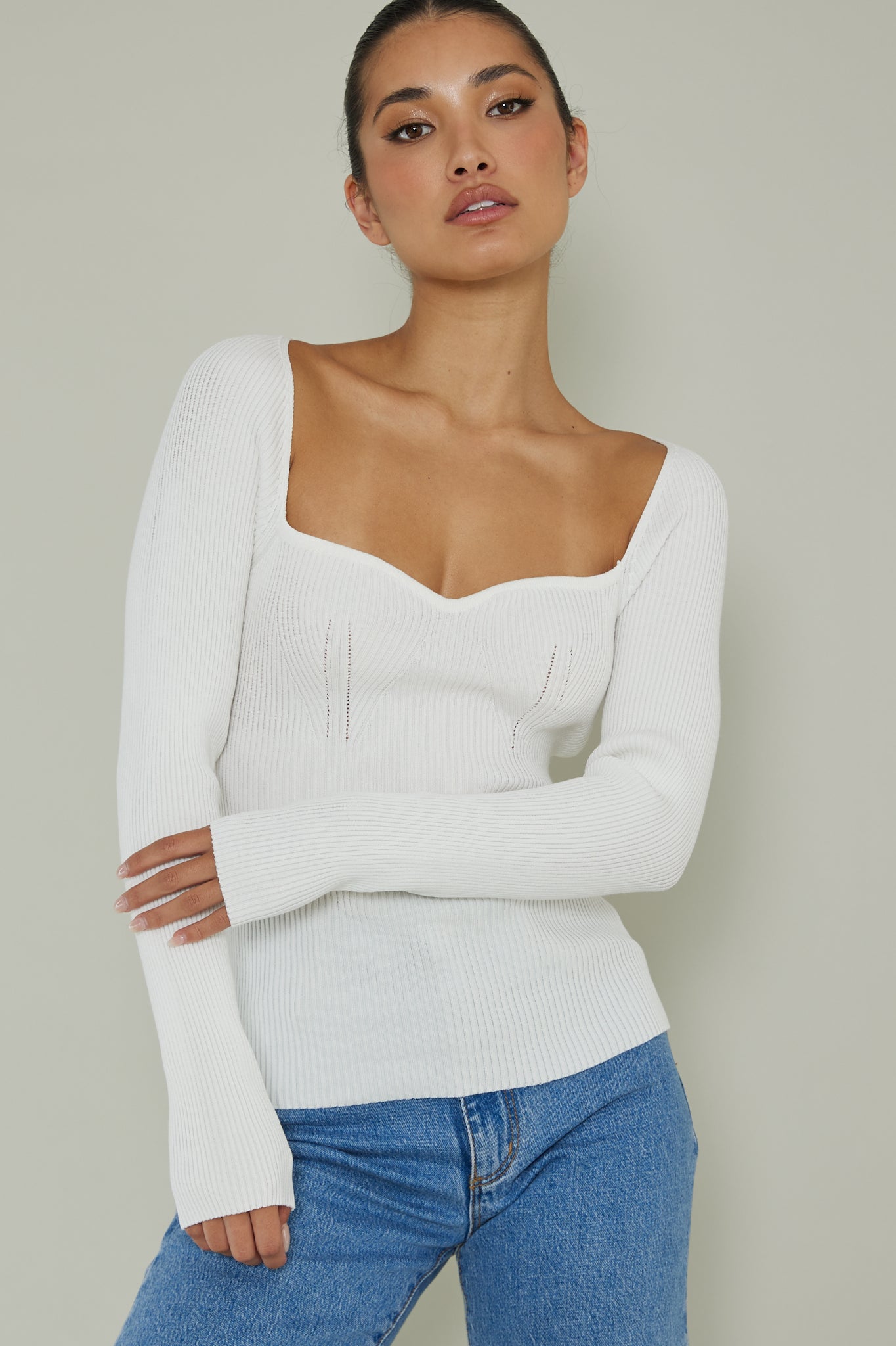 Switch Focus Long Sleeve Knit Top White-Maymioy