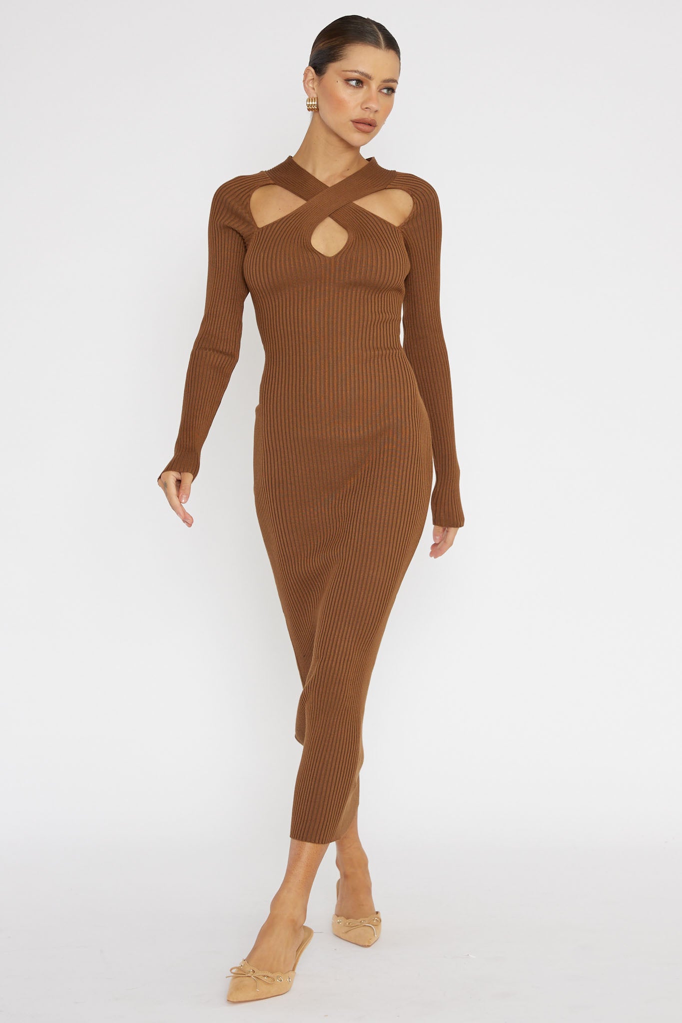 One Mind Cut-Out Neckline Knit Midi Dress Chocolate-Maymioy