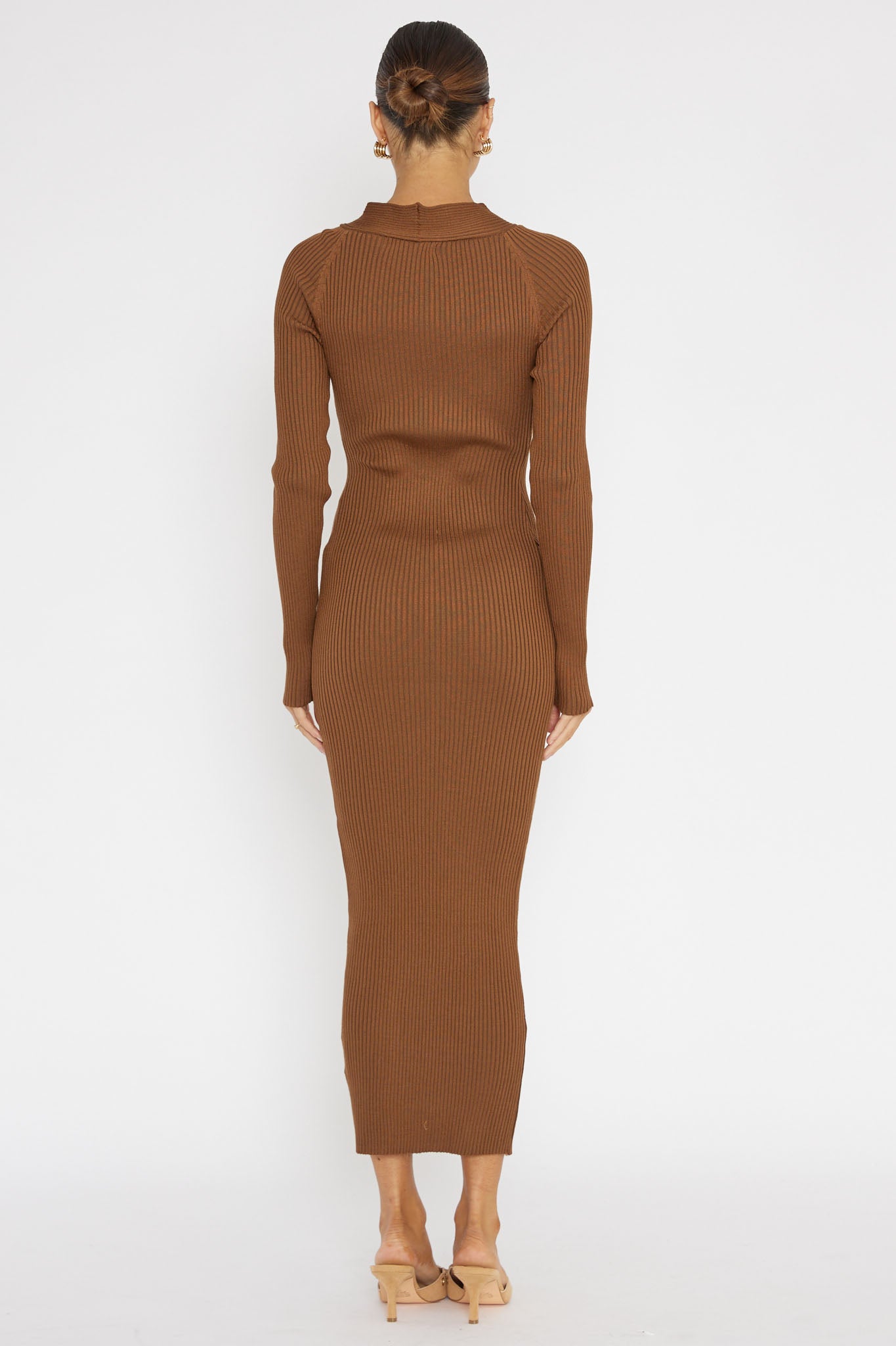 One Mind Cut-Out Neckline Knit Midi Dress Chocolate-Maymioy