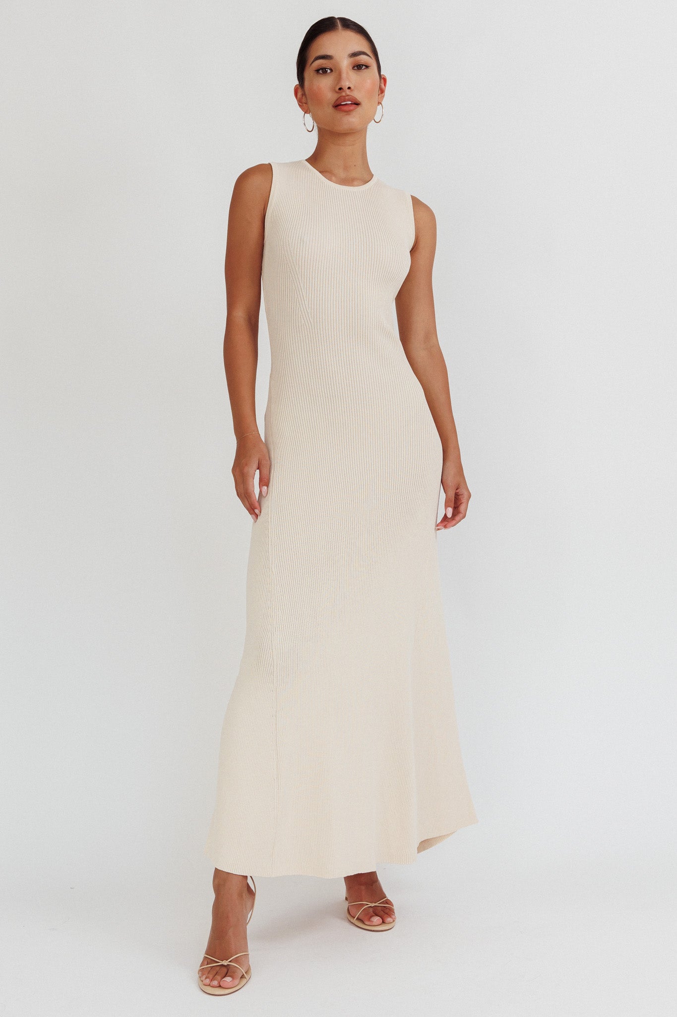Braylee Sleeveless Ribbed Knit Maxi Dress Cream-Maymioy