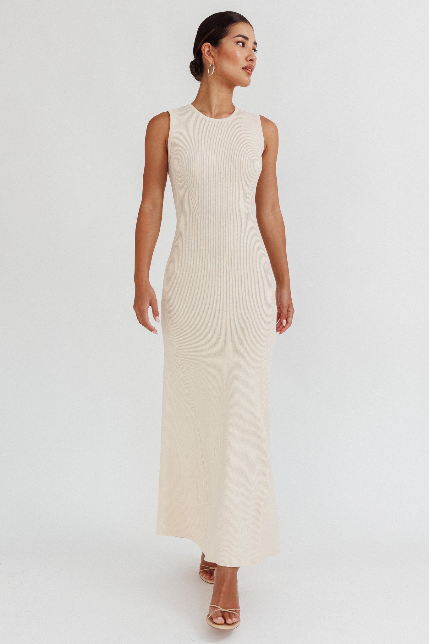 Braylee Sleeveless Ribbed Knit Maxi Dress Cream-Maymioy