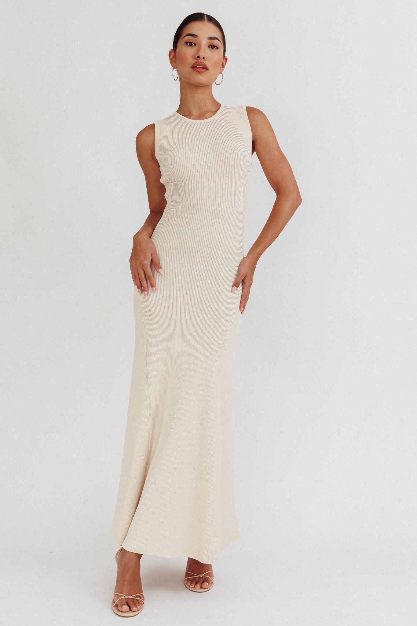 Braylee Sleeveless Ribbed Knit Maxi Dress Cream-Maymioy