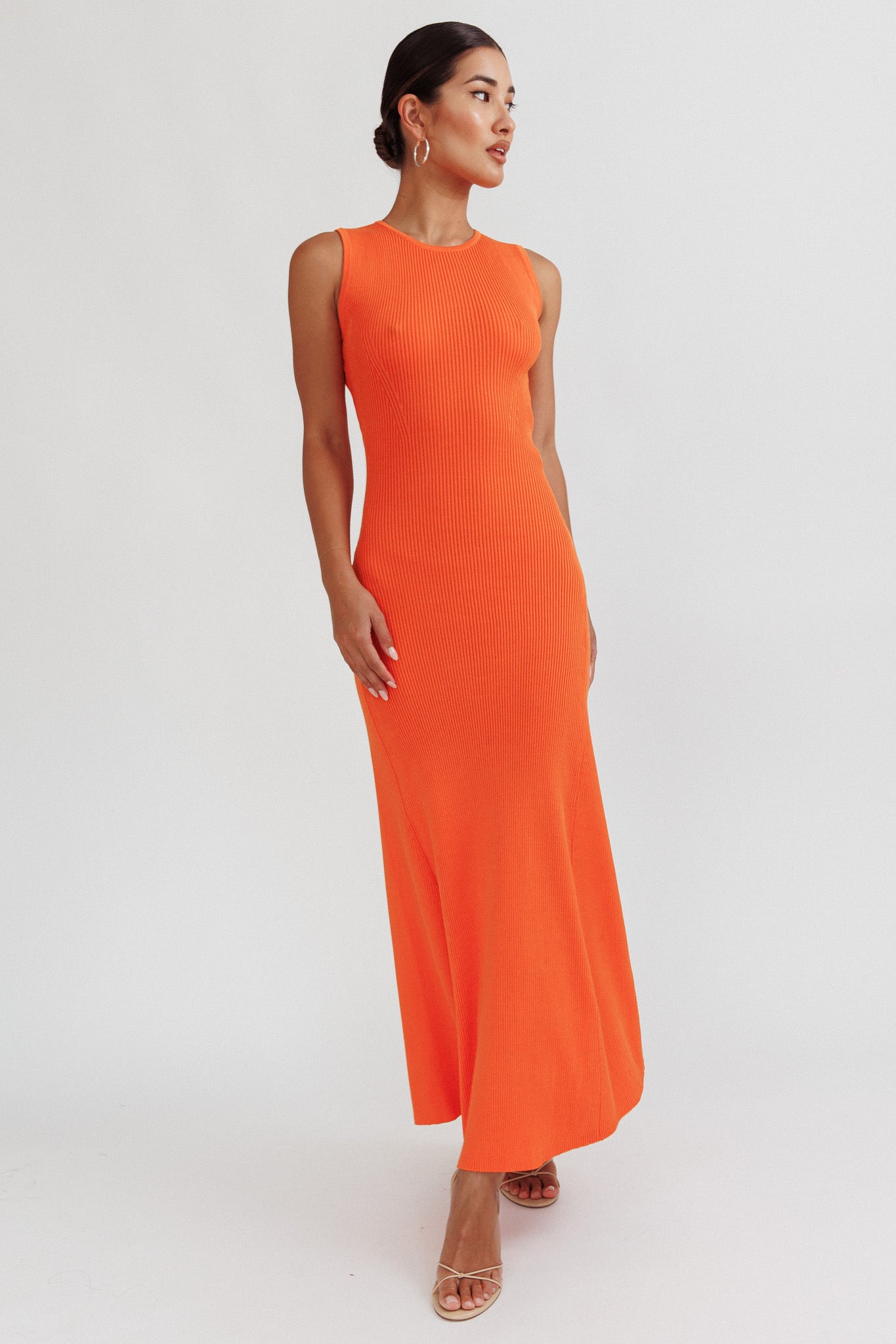 Braylee Sleeveless Ribbed Knit Maxi Dress Orange-Maymioy