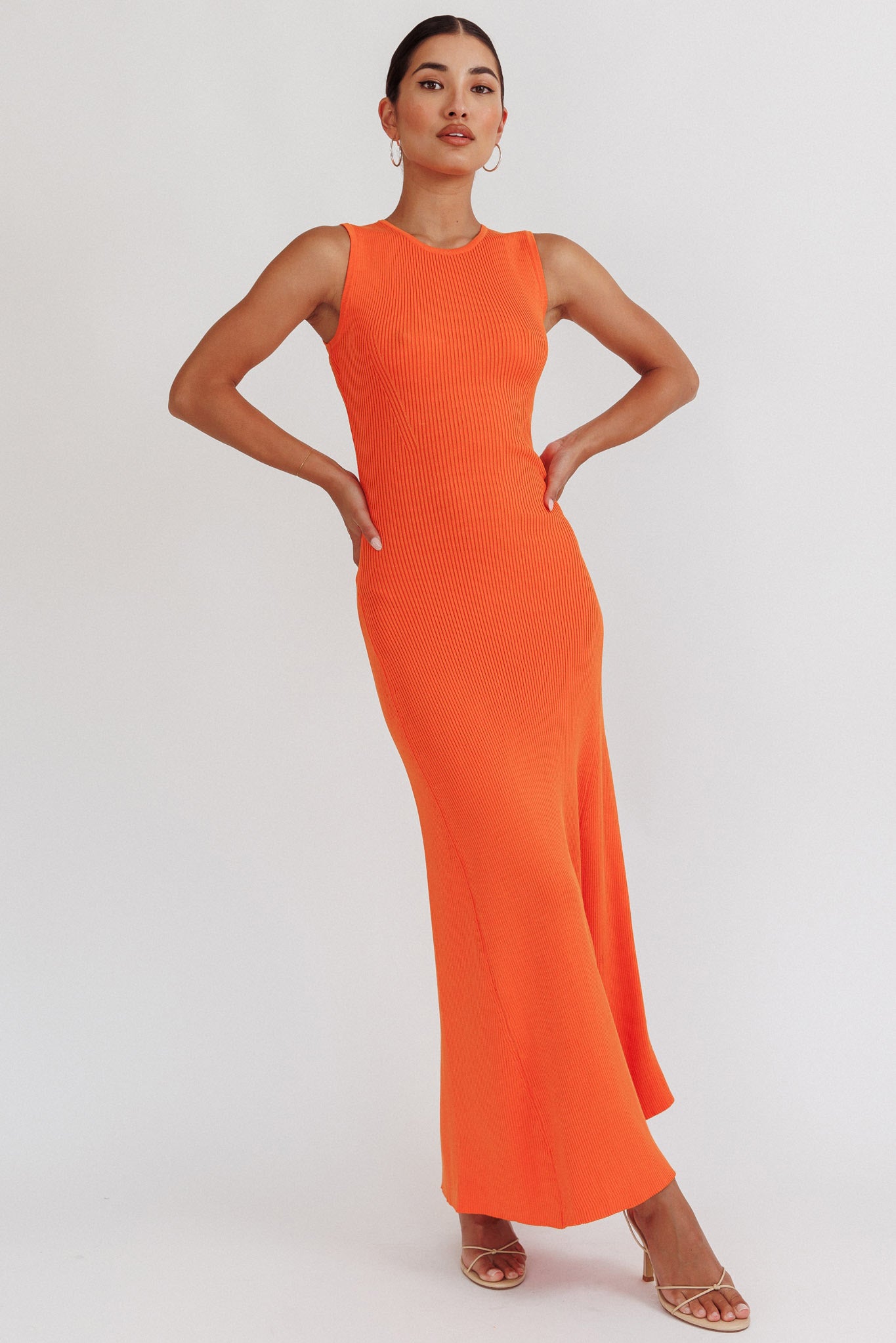 Braylee Sleeveless Ribbed Knit Maxi Dress Orange-Maymioy