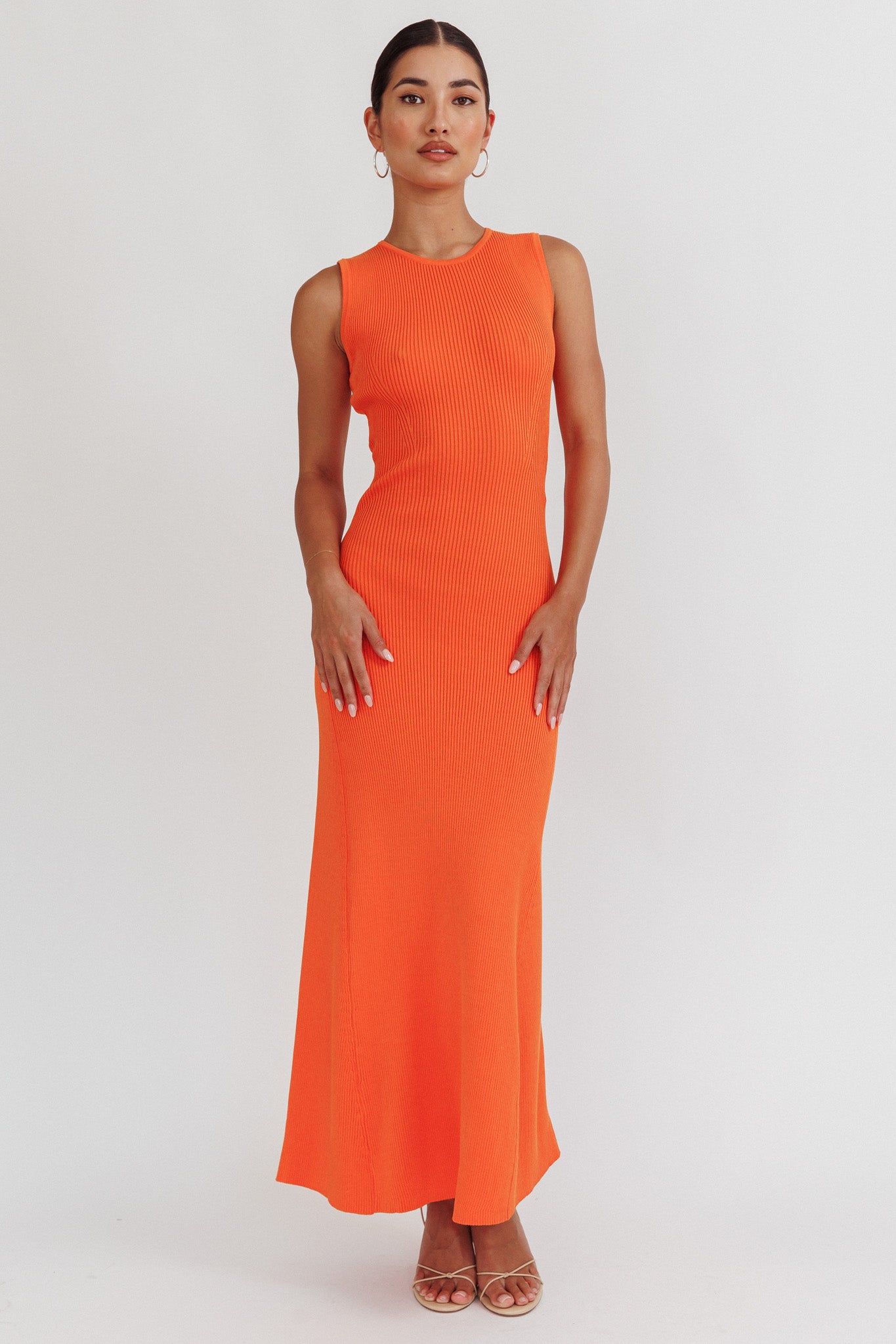 Braylee Sleeveless Ribbed Knit Maxi Dress Orange-Maymioy