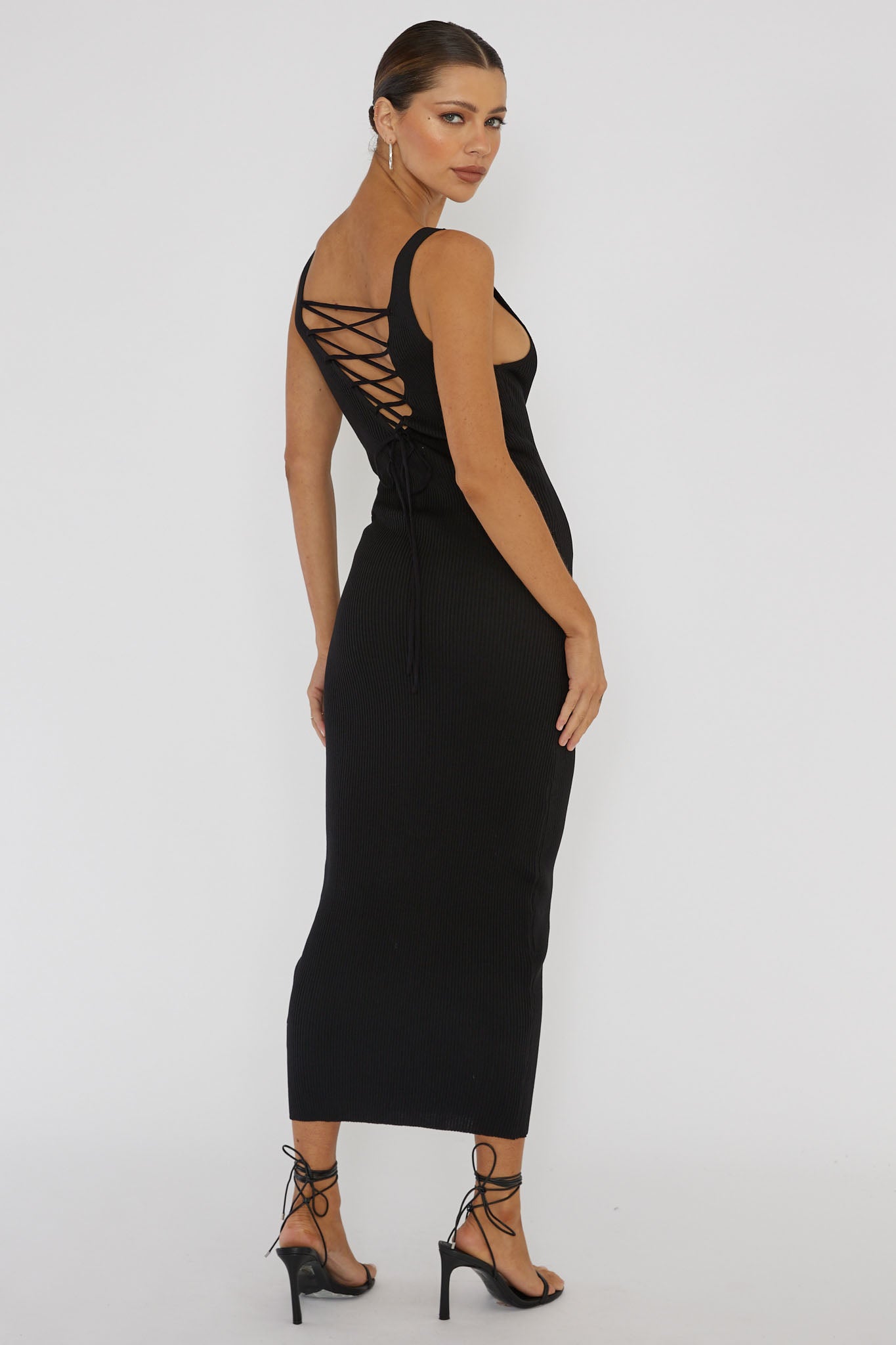 Linzi Lace-Up Back Knit Midi Dress Black-Maymioy