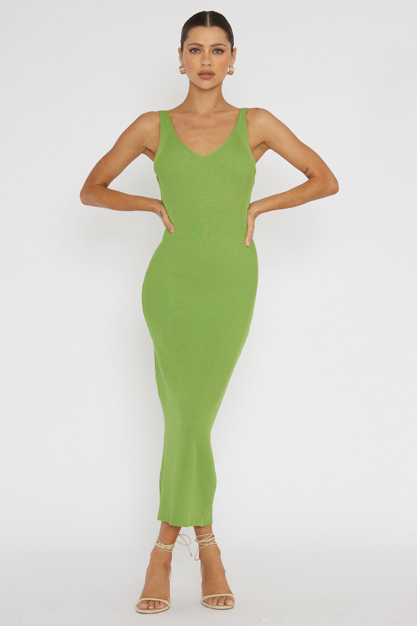 Linzi Lace-Up Back Knit Midi Dress Green-Maymioy