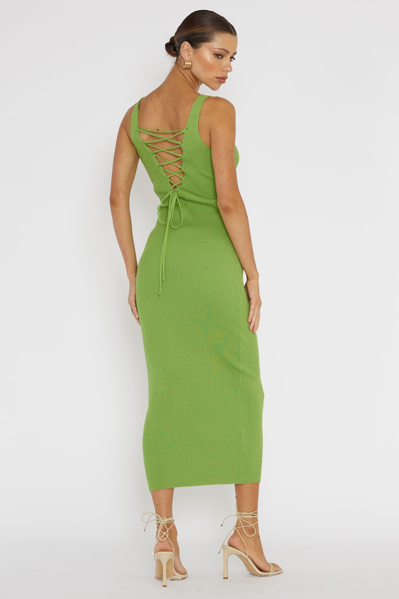 Linzi Lace-Up Back Knit Midi Dress Green-Maymioy