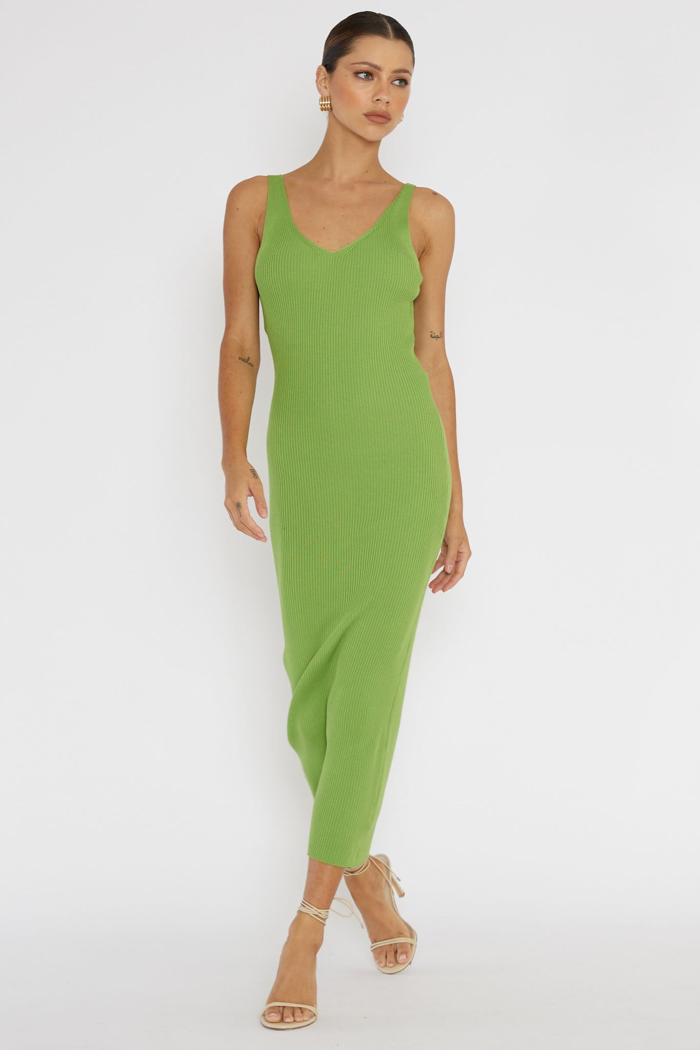 Linzi Lace-Up Back Knit Midi Dress Green-Maymioy