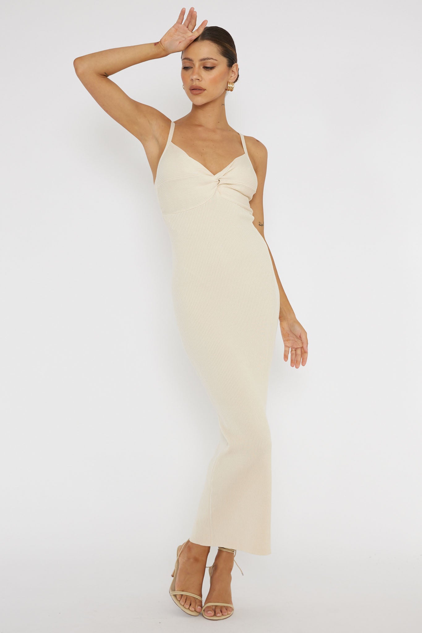 Lover's High Twist Bust Knit Midi Dress Cream-Maymioy