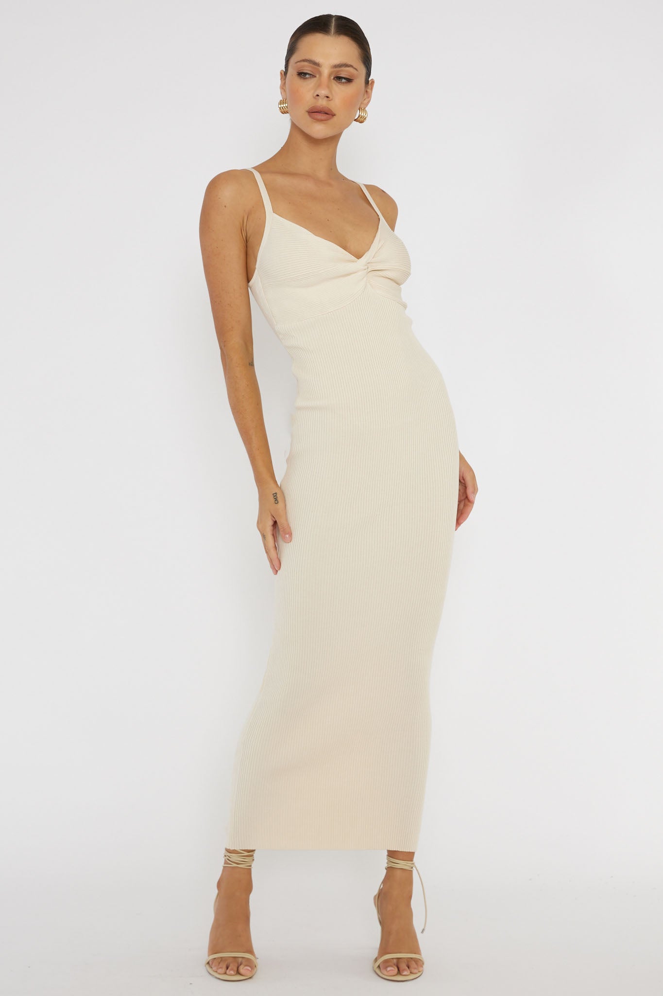 Lover's High Twist Bust Knit Midi Dress Cream-Maymioy