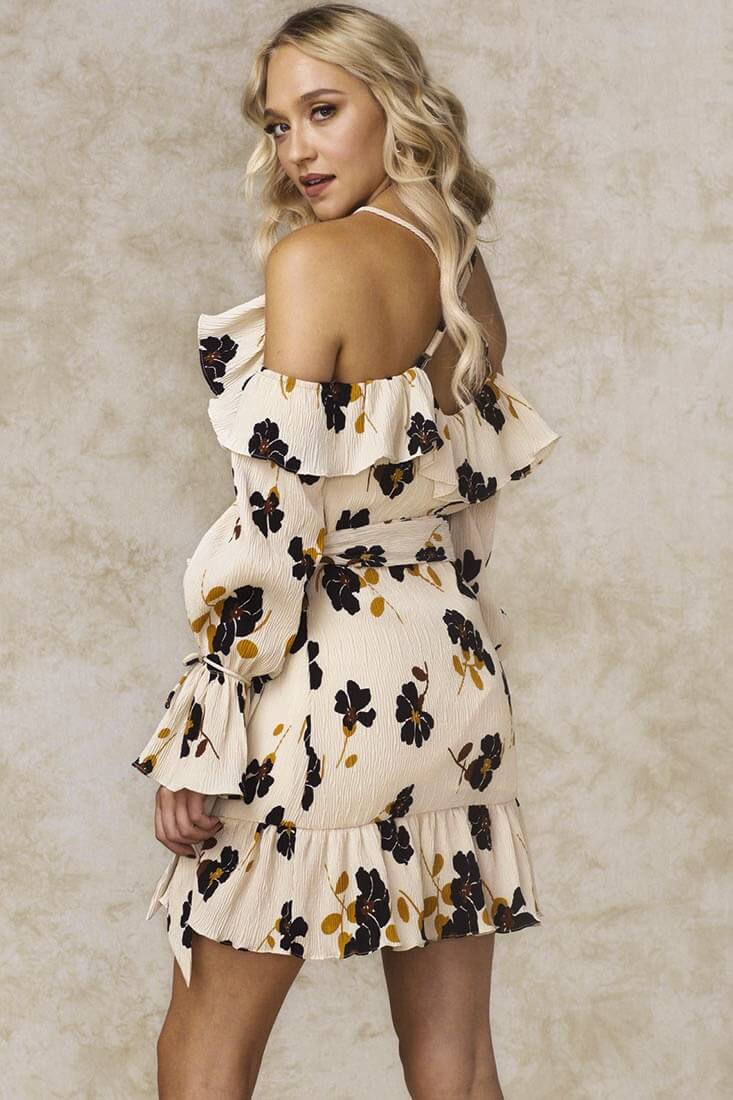 Carly Floral Wrap Dress Beige-Maymioy