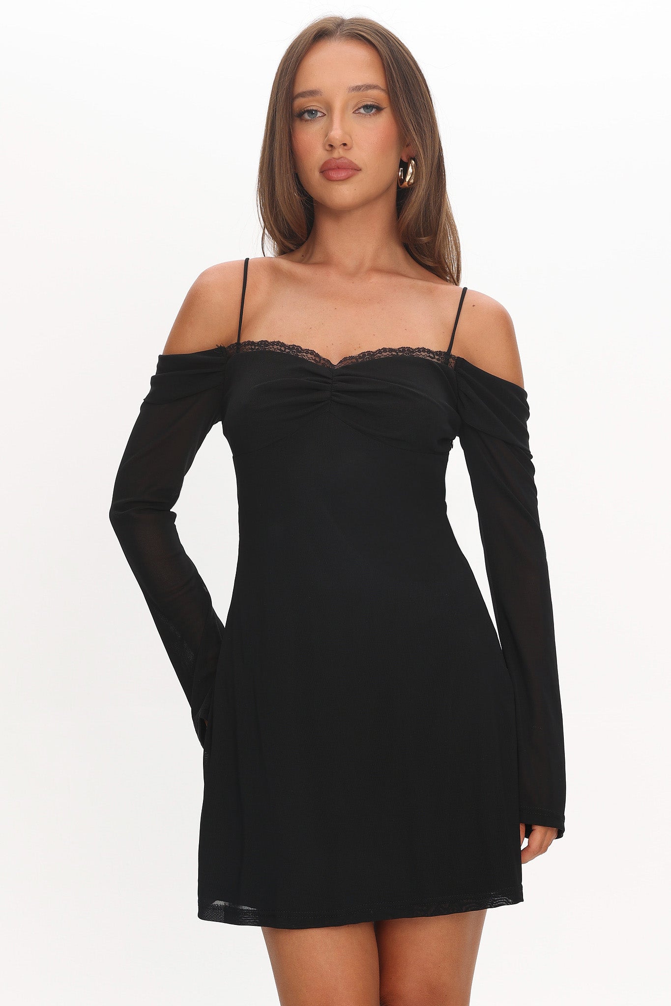 French Girl Long Sleeve Mini Dress Black-Maymioy