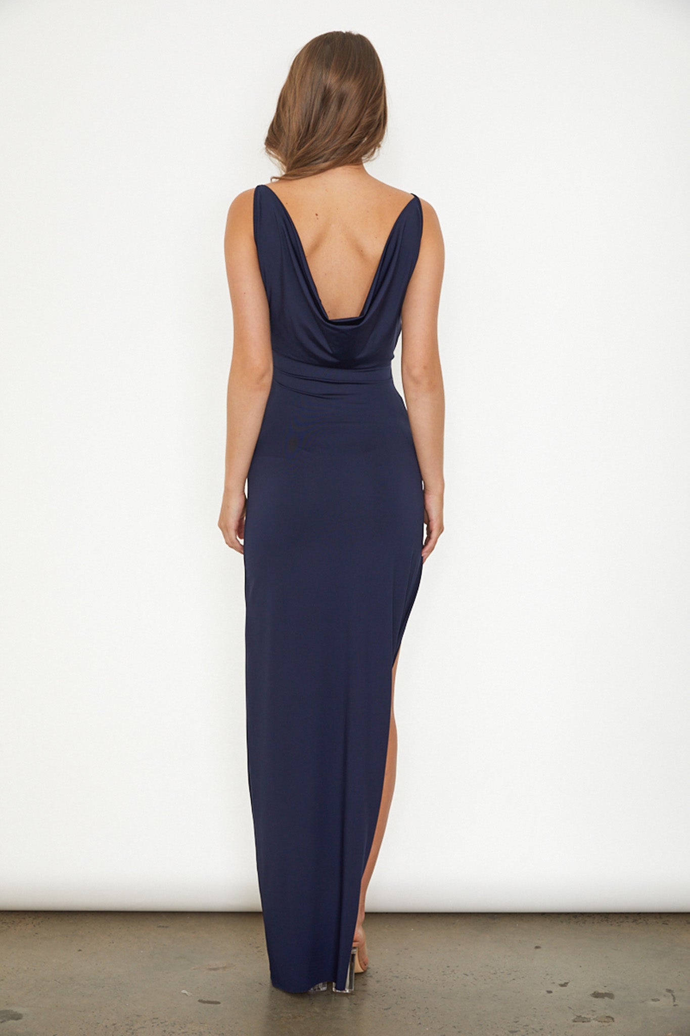 Hollywood Heartthrob Surplice Neckline Split Dress Navy-Maymioy