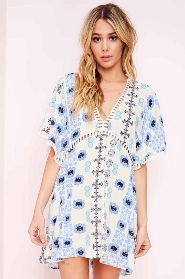 Yaritza Eyelit Mixed Print Dress Blue-Maymioy