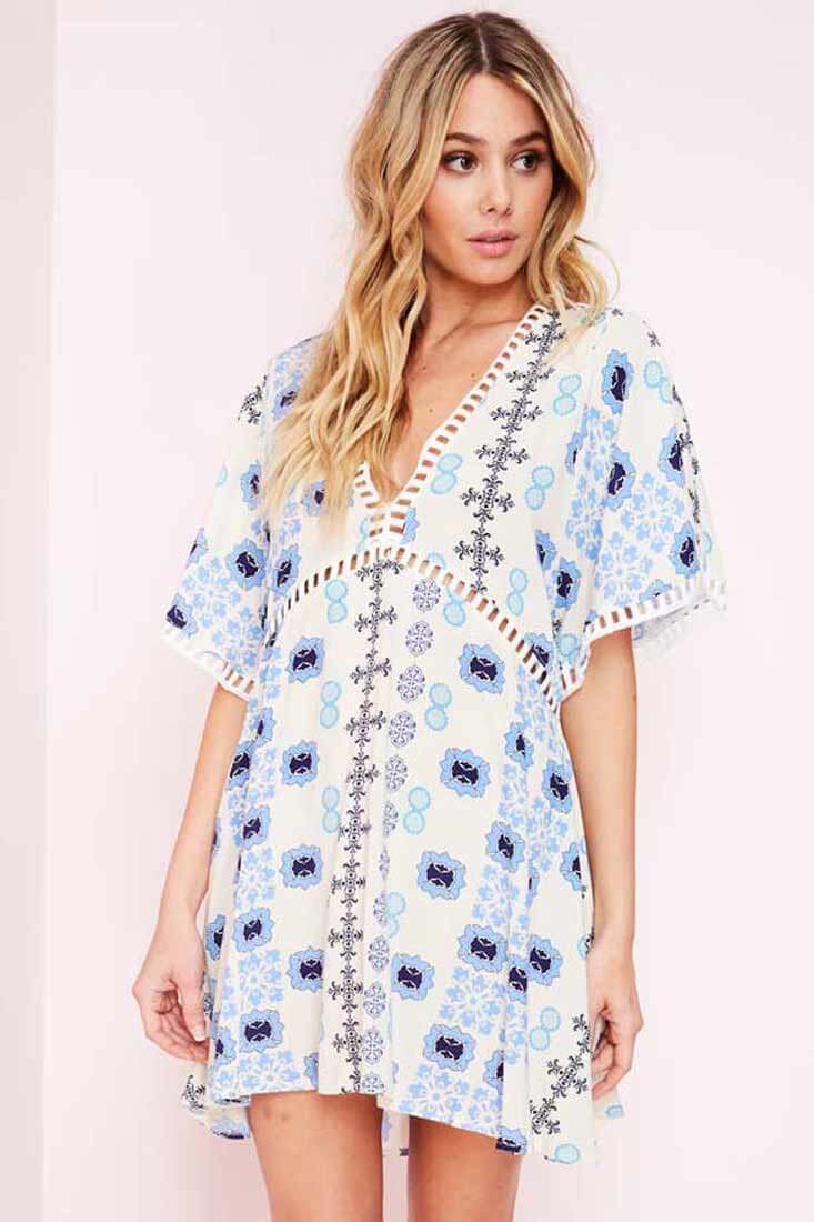 Yaritza Eyelit Mixed Print Dress Blue-Maymioy