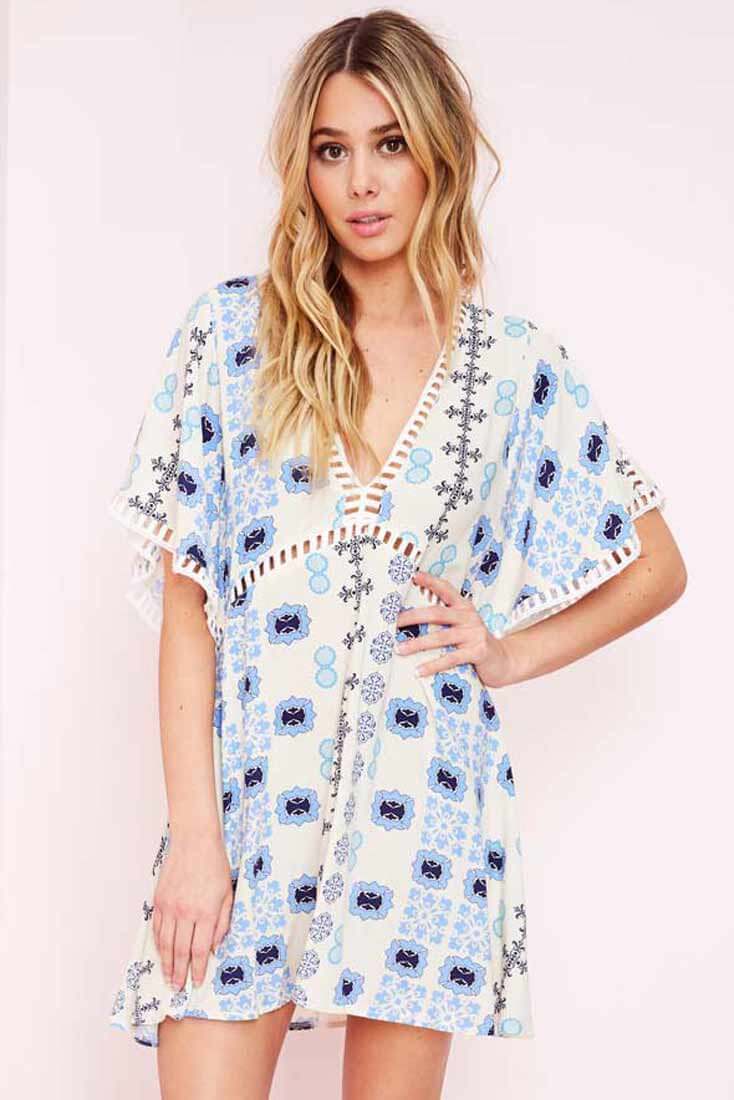 Yaritza Eyelit Mixed Print Dress Blue-Maymioy