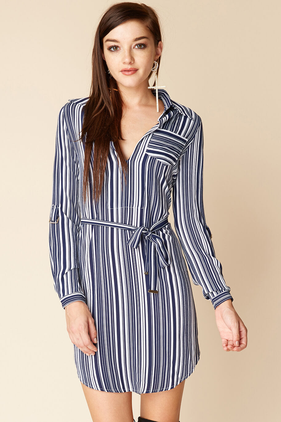 Mia Belted Shirt Dress Navy / White-Maymioy