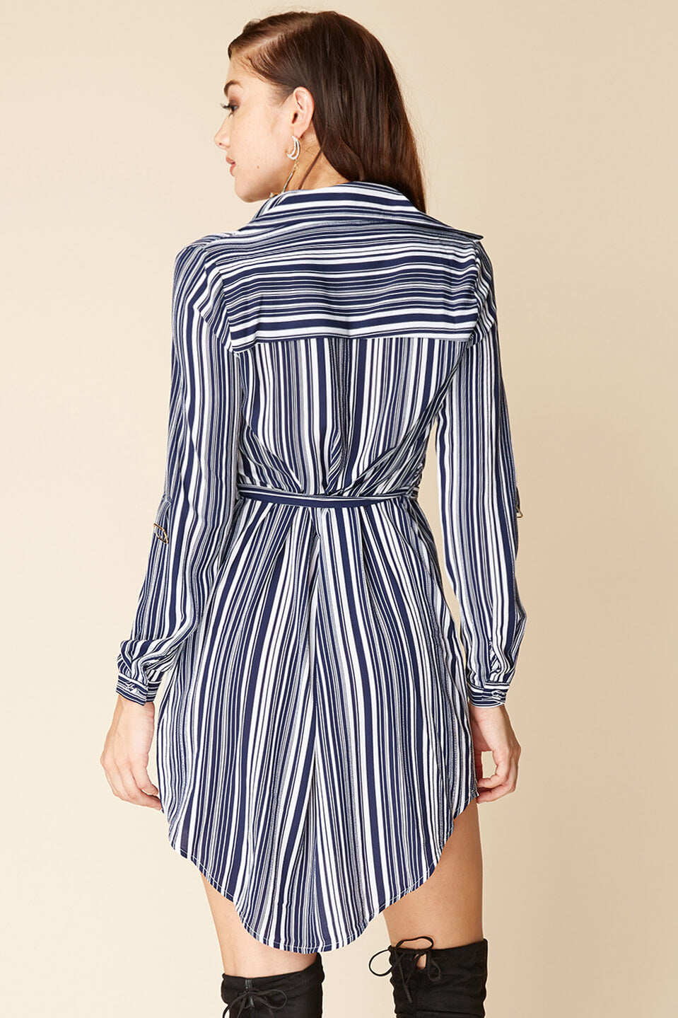 Mia Belted Shirt Dress Navy / White-Maymioy