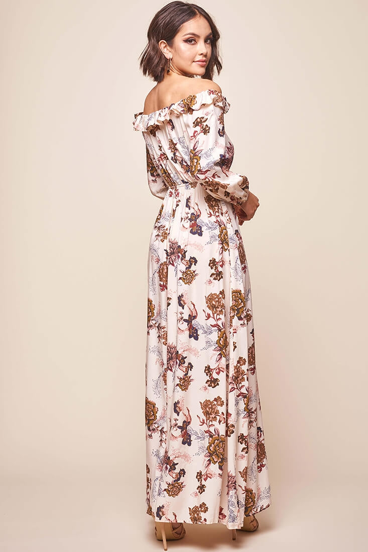 Tatiana Bardot Frill Neckline Maxi Dress Mocha-Maymioy