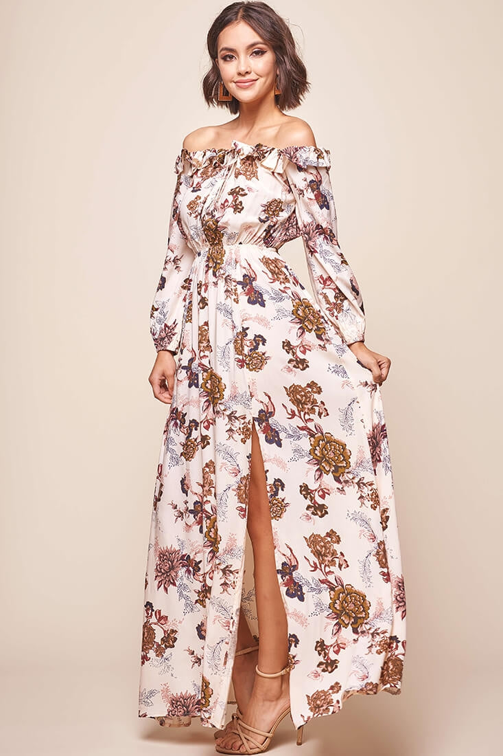 Tatiana Bardot Frill Neckline Maxi Dress Mocha-Maymioy