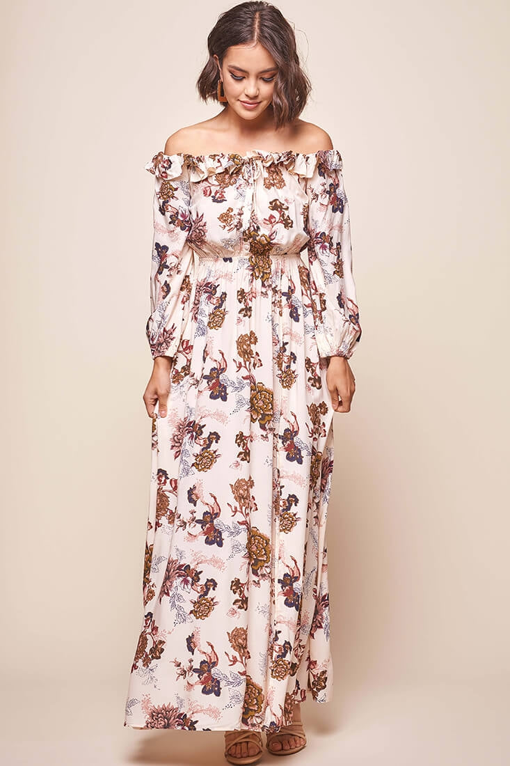 Tatiana Bardot Frill Neckline Maxi Dress Mocha-Maymioy