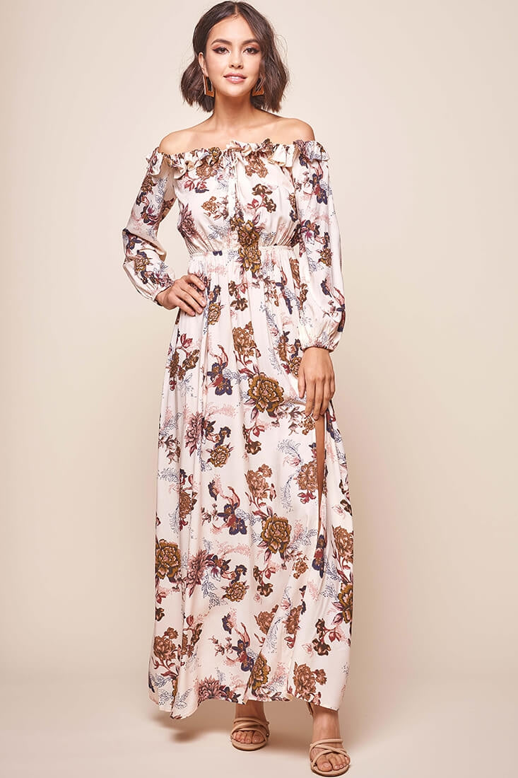 Tatiana Bardot Frill Neckline Maxi Dress Mocha-Maymioy