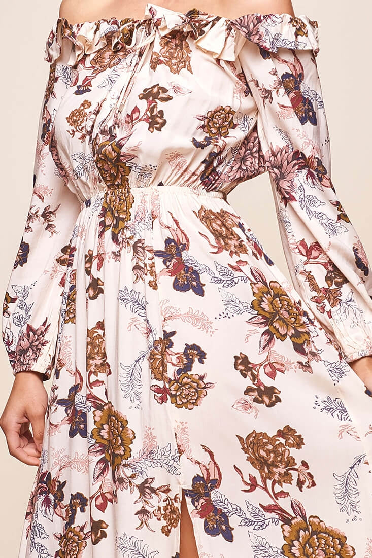 Tatiana Bardot Frill Neckline Maxi Dress Mocha-Maymioy