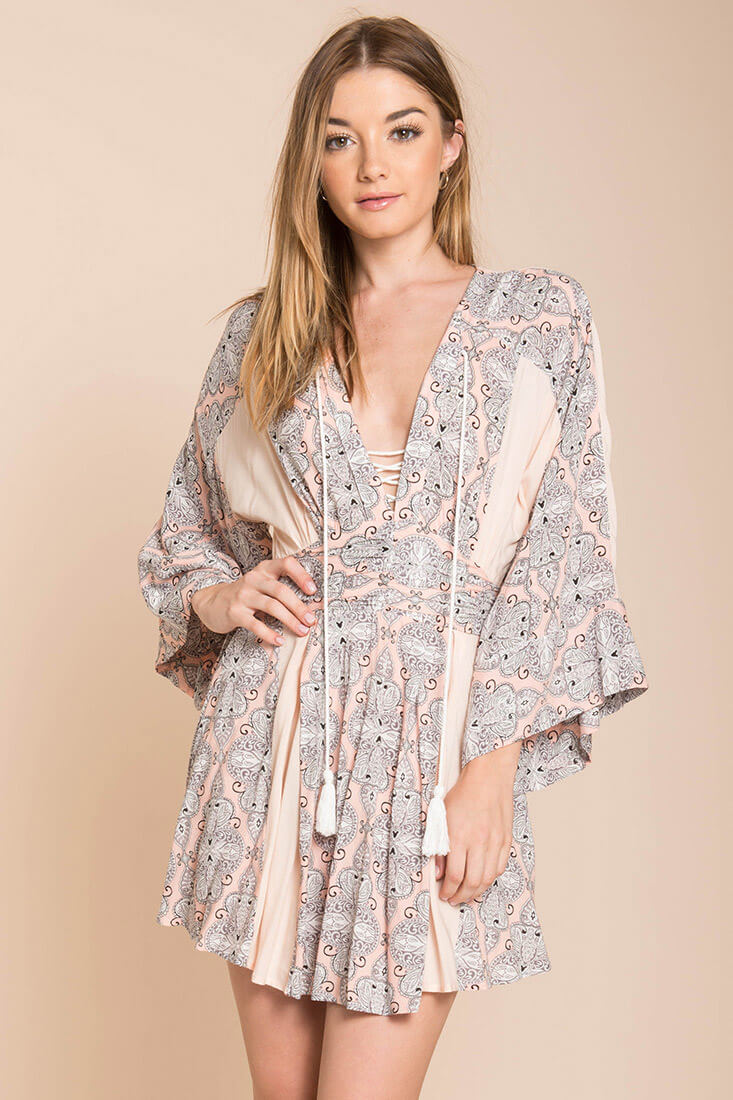 Brielle Bell Sleeve Summer Dress Peach Print-Maymioy