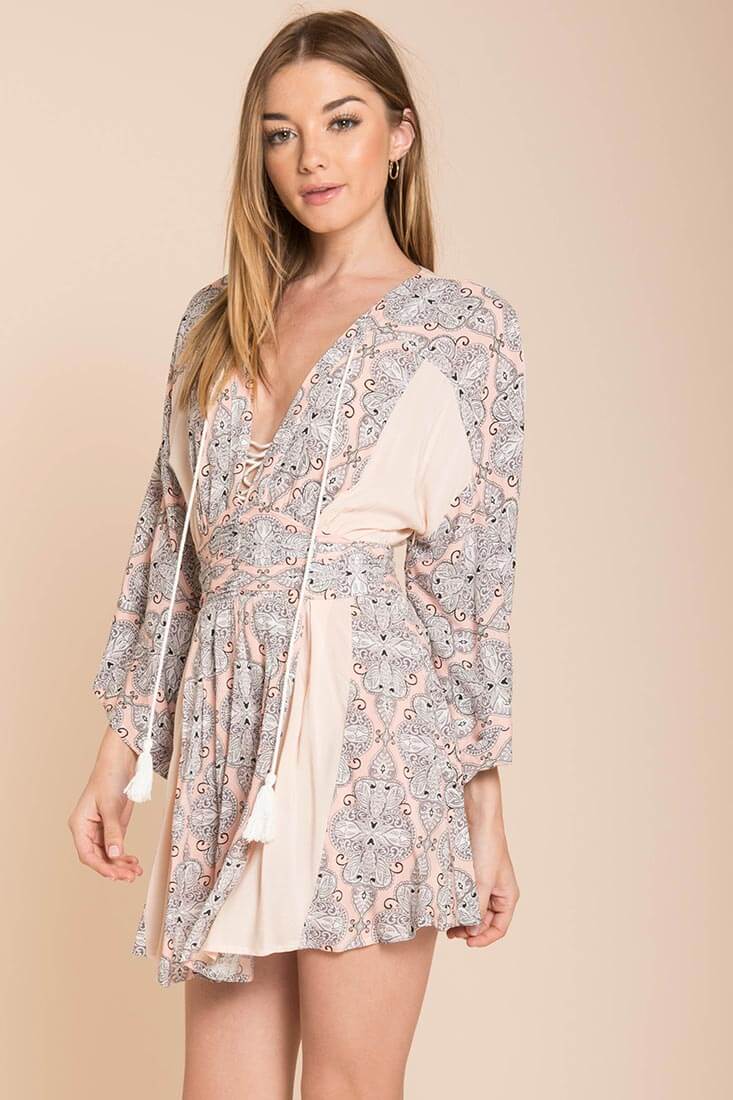 Brielle Bell Sleeve Summer Dress Peach Print-Maymioy