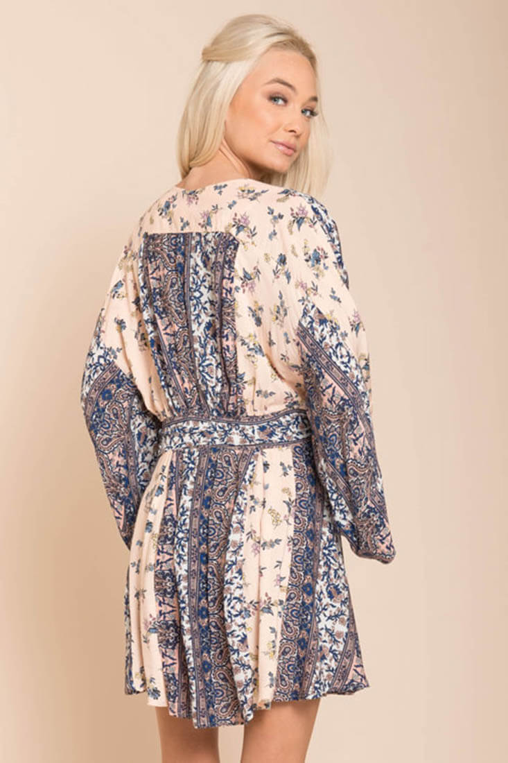 Brielle Bell Sleeve Summer Dress Blue Print-Maymioy