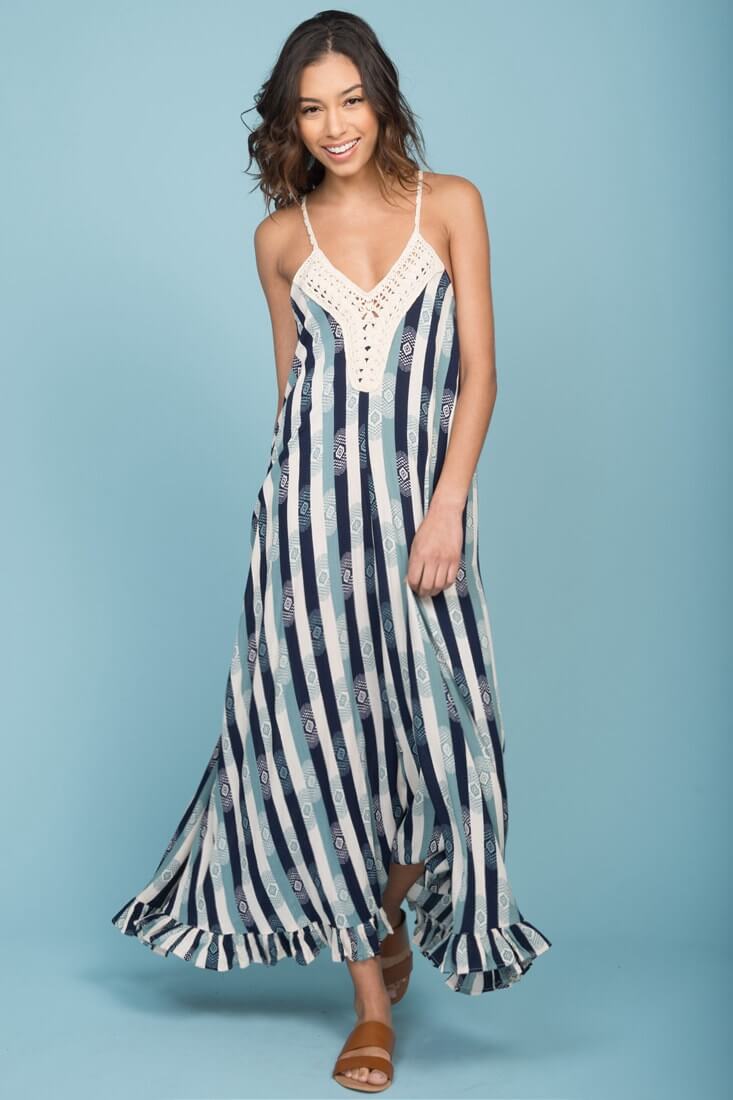 Tristan Striped Crochet Detail Maxi Dress Navy & Beige-Maymioy