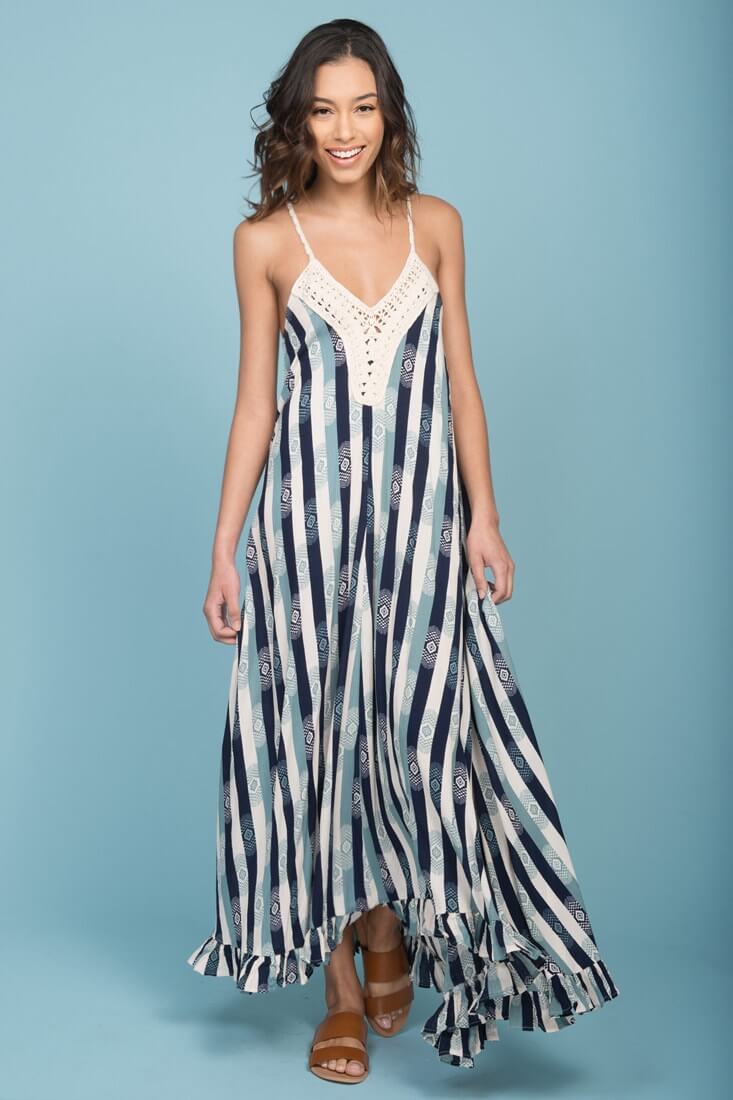 Tristan Striped Crochet Detail Maxi Dress Navy & Beige-Maymioy