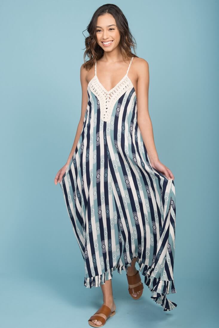 Tristan Striped Crochet Detail Maxi Dress Navy & Beige-Maymioy
