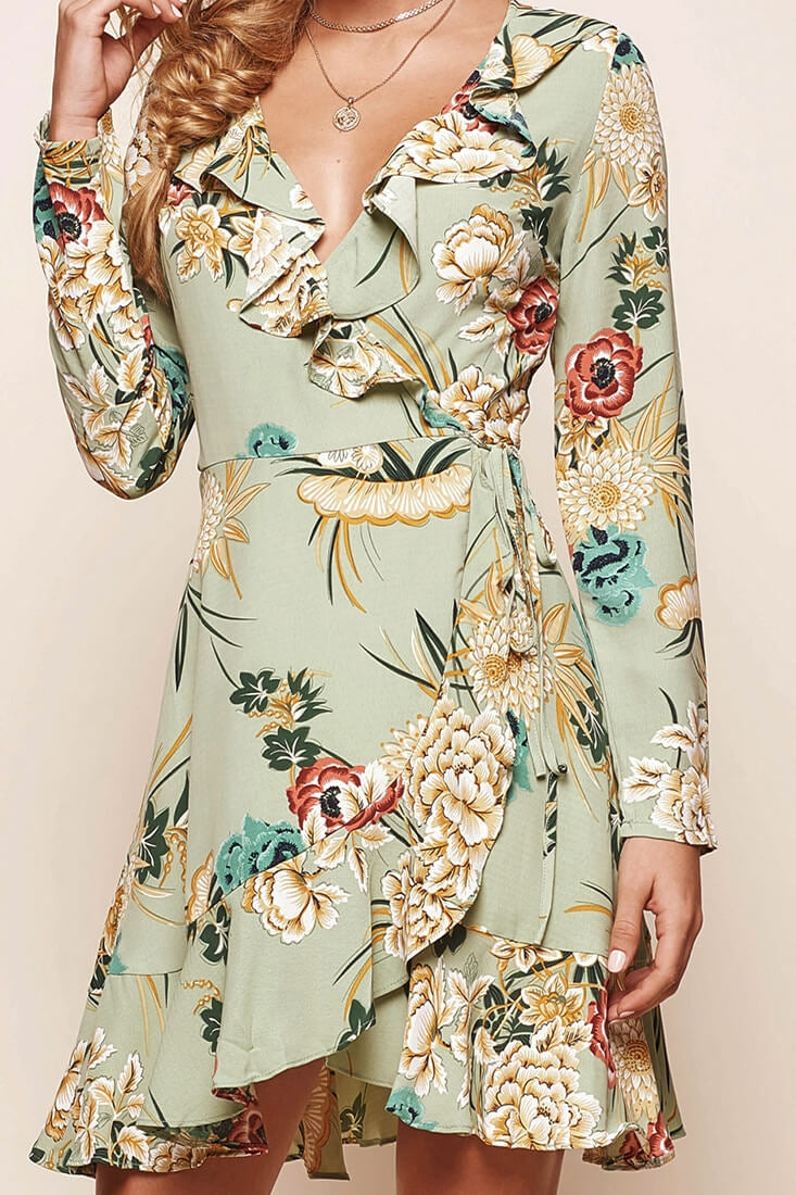 Tammy Tie Waist Wrap Dress Green-Maymioy